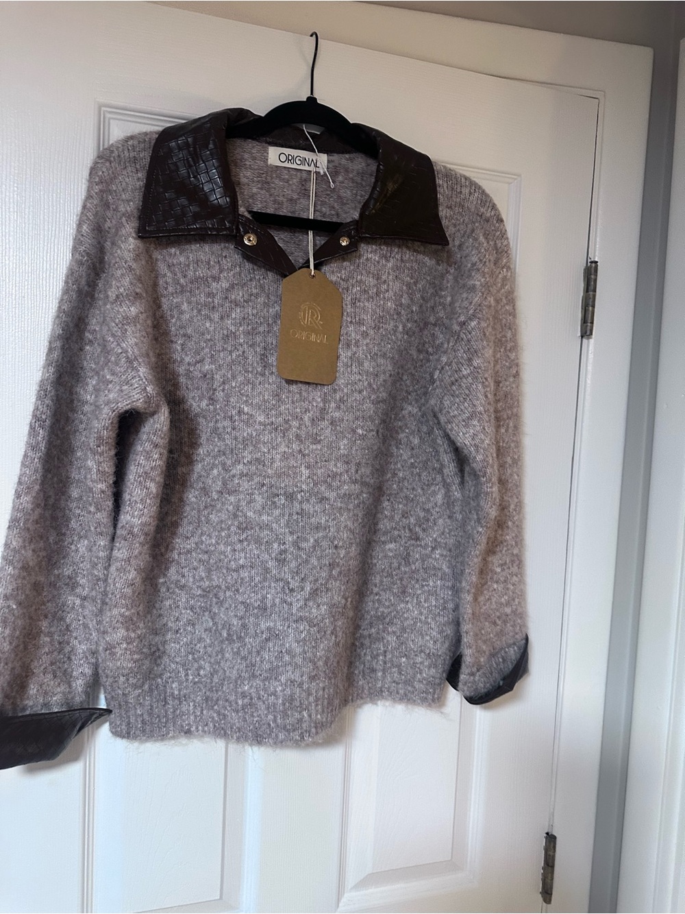 Mohair-Blend Scoop Sweater with Faux Leather Trim —beige